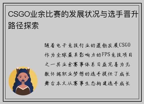 CSGO业余比赛的发展状况与选手晋升路径探索