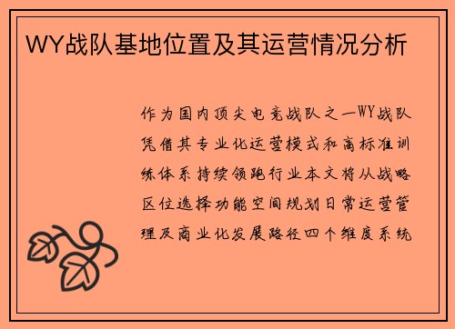 WY战队基地位置及其运营情况分析